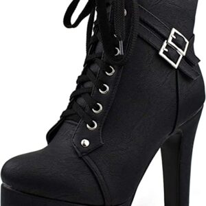 Black Chunky Lace Up High Heeled Ankle Boots